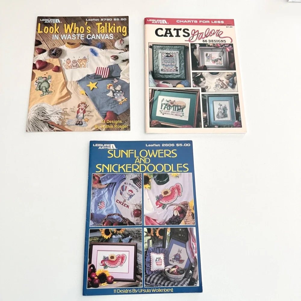Lot of 3 Vintage Leisure Arts Cross‎ Stitch Pattern Books Cats Sunflowers